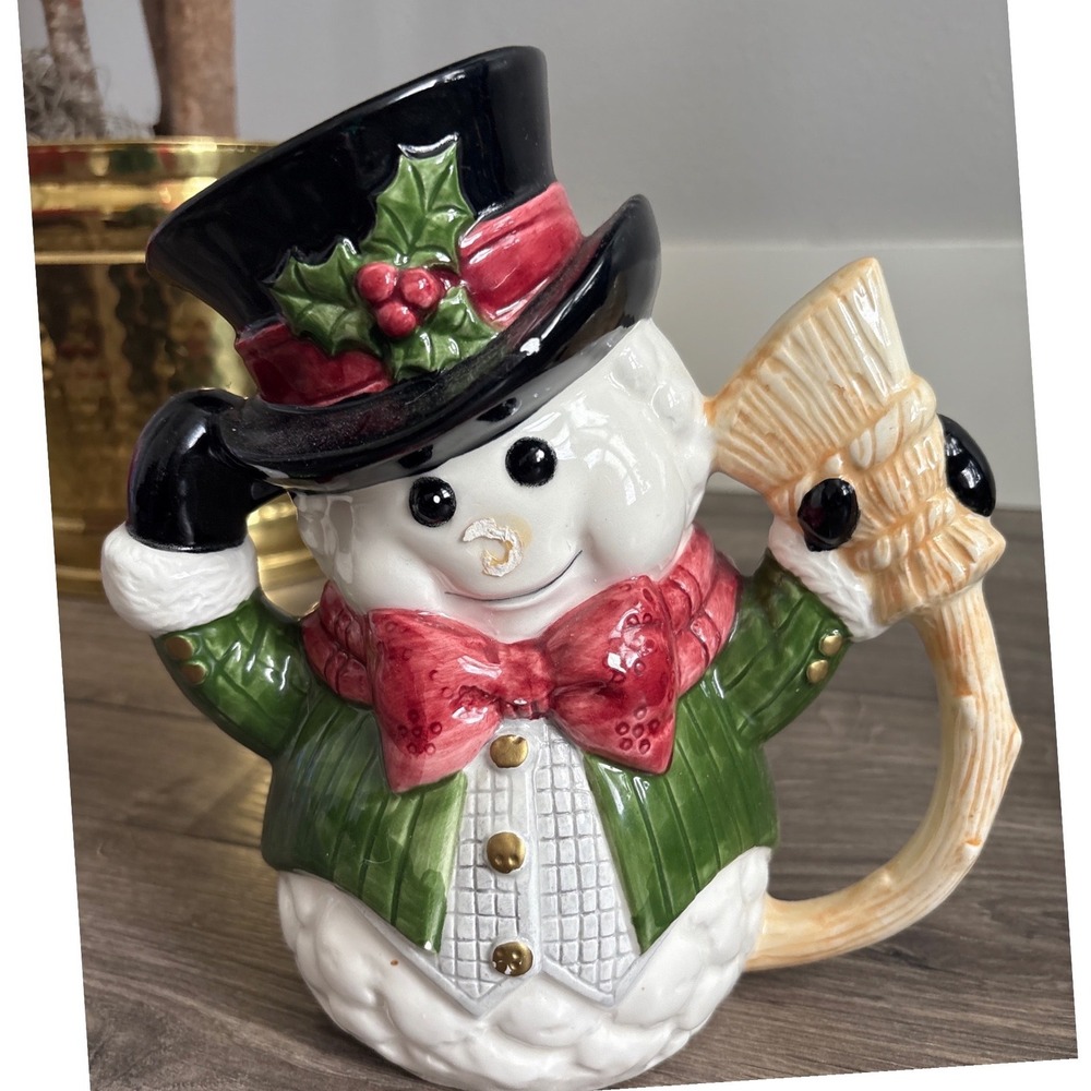 VTG Omnibus Fitz & Floyd Lrg Christmas Snowman 1 3/4‎ Quart Figural Pitcher 1992